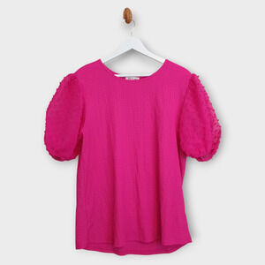 Kim & Cami Top Women Large Pink Puff Sleeve Stretch Dollette Twee Coquette Shirt